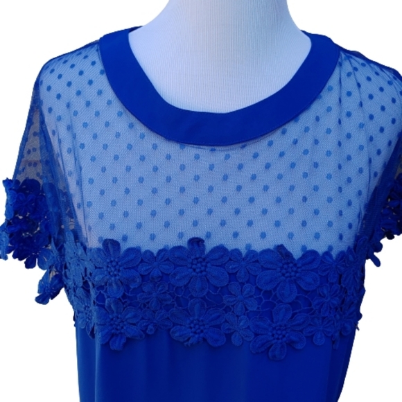 Angela Plus Blue Blouse Illusion Neckline Lace Polka-Dots NWT - Picture 3 of 9
